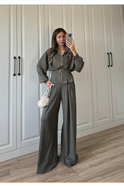 manana fashion Khaki Belt Detailed Wide Leg Modal Suit