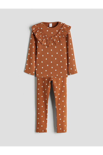 LC Waikiki Brown Crew Neck Printed Girls' Sweatshirt and Leggings 2-Piece