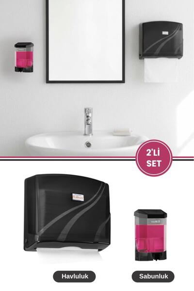 Flosoft 200’lü Z Katlamalı Kağıt Havluluk Dispanseri + Banyo Mutfak Duvara Monte Sıvı Sabunluk Siyah Seri