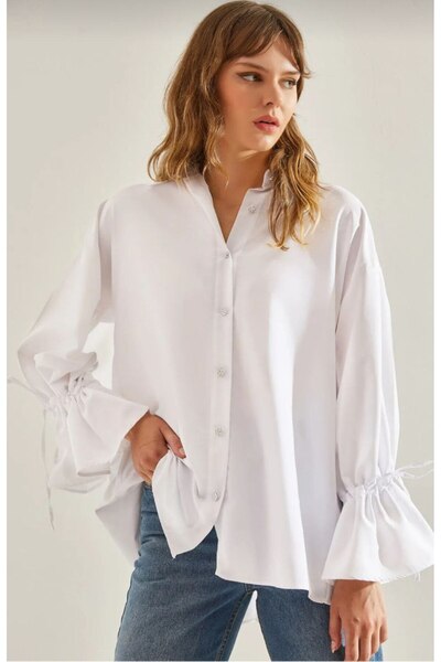 ossons Stone Buttoned Sleeve Gathered Poplin Shirt