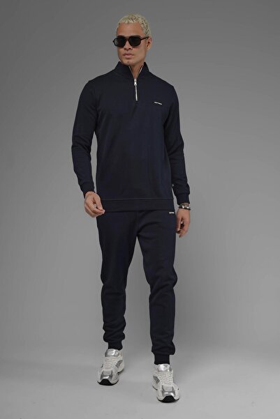 SOFTWAY Φούτερ Unisex Regular Fit ψηλός λαιμός με μισό φερμουάρ Interlock Pique - Navy Blue