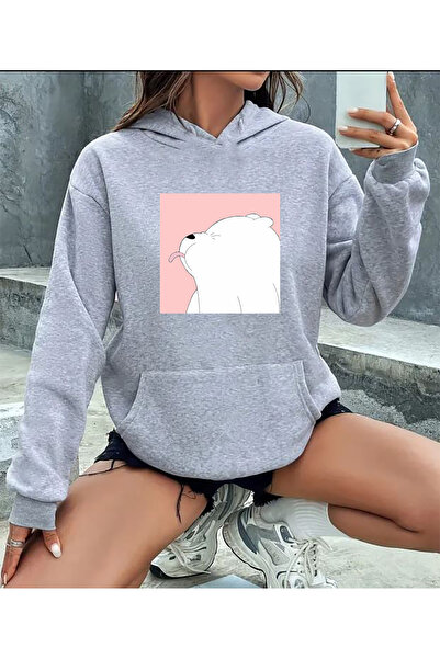 herkesemoda Cute Panda Print Detailed Hooded Sweatshirt Gray