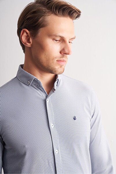 İmza Dark Navy Blue Smart Button Collar Long Sleeve Pocketless Slim Fit Casual Shirt 1004255166