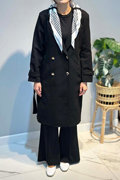 Lale Butik Scarf Detail Coat 30064 Black