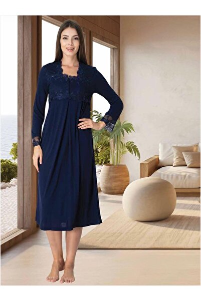 Lohusa Homewear Γυναικείο νυχτικό εγκυμοσύνης σε σκούρο μπλε χρώμα με δαντέλα...