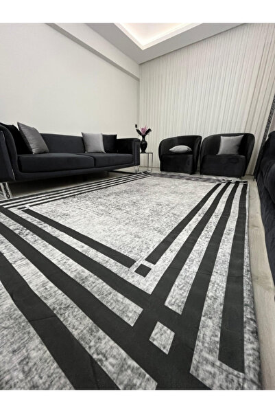 BGV HOME Black Striped Modern Gray Carpet Cover - Minimal Design Elastic and Sponge Non-Slip Base Washable