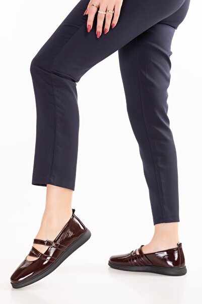 Gondol Women's Genuine Leather Comfortable Daily Ballet Flats Ndr.26300 Burgundy Patent Leather