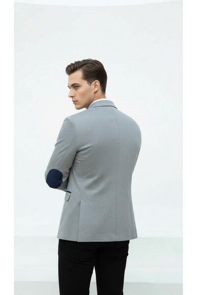 Plus Scorpion Plusscorpion Gray Men's Italian Cut Blazer Jacket – Navy Blue Detail, Sleeve Patch, S Slim Fit Stylish Tasa