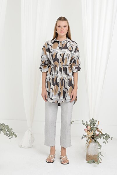 Puane Women's Belted Patterned Shirt-10693Gml - Camel