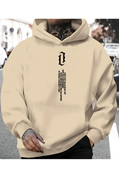 herkesemoda Hooded Sweatshirt with Vertical Letter Print Detail Beige