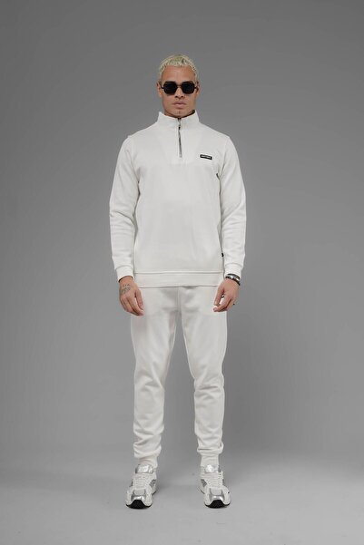 SOFTWAY Φούτερ Unisex Regular Fit ψηλός λαιμός με μισό φερμουάρ Interlock Pique - Λευκό