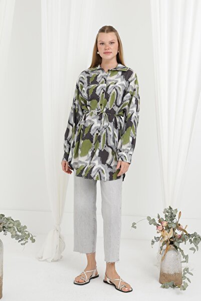 Puane Women's Belted Patterned Shirt-10693Gml - Khaki