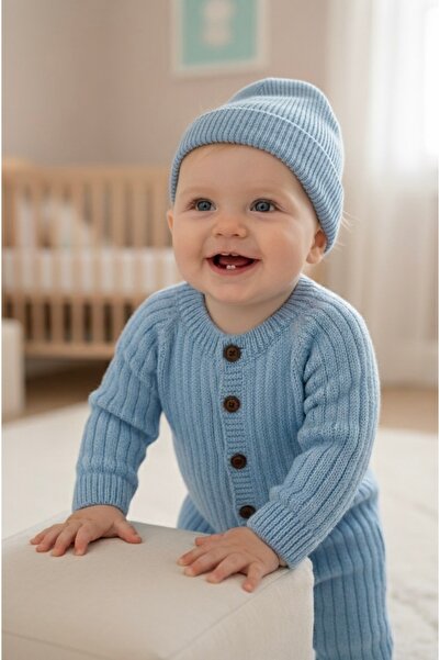 Butik Blue Soft Knitted Newborn Set (Romper + Beanie)
