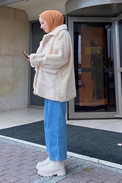 lamelif Zippered Teddy Coat with Sleeve Detail Stone