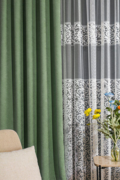 LUNETT HOME Light Green Color Island Velvet Rare (1X2) Pleated Background Curtain Single Wing V20