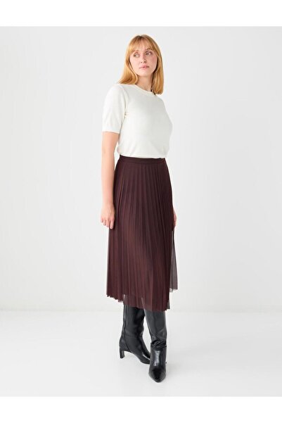 Jimmy Key Kahverengi Yüksek Bel Piliseli Rahat Kesim Midi Etek