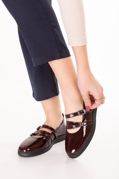 Gondol Women's Genuine Leather Comfortable Daily Ballet Flats Ndr.26300 Burgundy Patent Leather