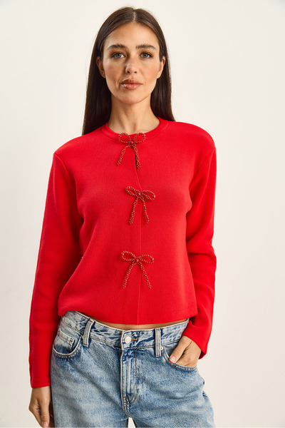 Bianco Lucci Women's Pearl Bow Accessory Knitwear Cardigan Th251072 60283820