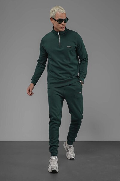 SOFTWAY Unisex Regular Fit Mock Neck Half Zip Interlock Pique Sweatshirt - Dark Green