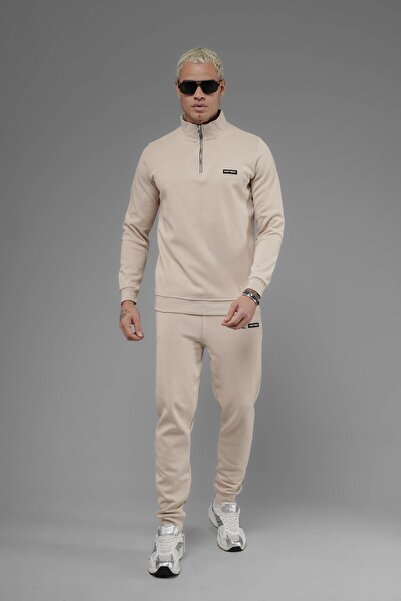 SOFTWAY Unisex Regular Fit Mock Neck Half Zip Interlock Pique Sweatshirt - Beige