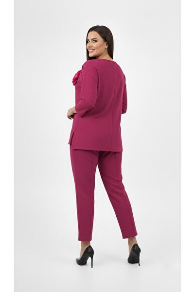 Koza Butik Women's Plus Size Three Quarter Sleeve Floral Detailed Two Thread Tracksuit Set 8224-26