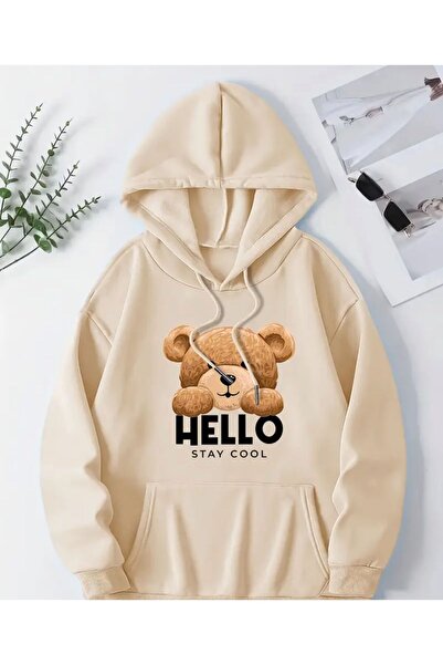 herkesemoda Hello Stay Scool Print Detailed Hooded Sweatshirt Beige