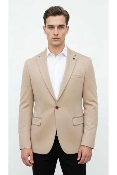 Plus Scorpion Beige Men's Italian Cut Blazer Jacket – Sleeve Patched, S Slim Fit Stylish and Modern Design