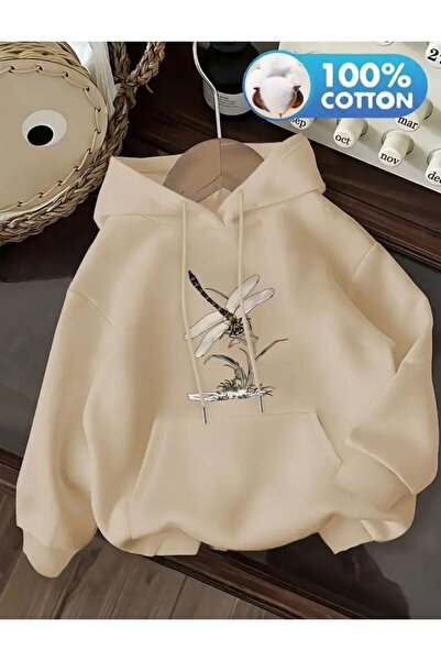 herkesemoda Yusufcuk Print Detailed Hooded Sweatshirt Beige