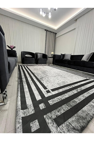 BGV HOME Black Striped Modern Gray Carpet Cover - Minimal Design Elastic and Sponge Non-Slip Base Washable