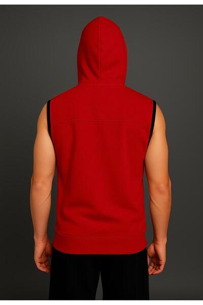 AXXEL Men's Red Zippered Hooded Kangaroo Pocket Sleeveless Vest-Y1142