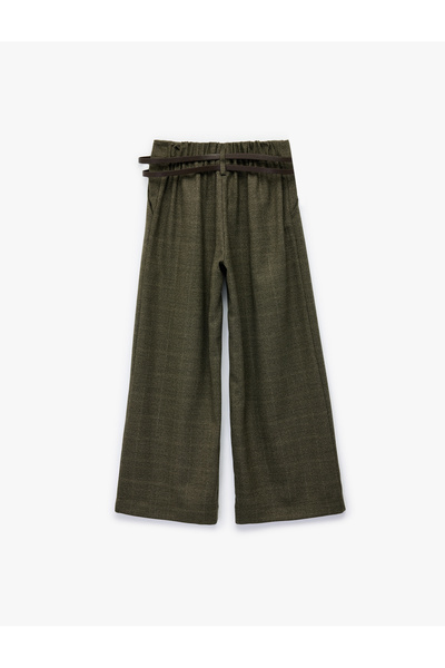 Koton Viscose Blend Plaid Wide Leg Trousers with Belt Detail