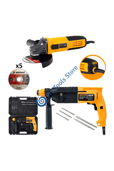 Rotor PROMO Rotary hammer 700 W, 870 rpm & Variable-speed angle grinder 800 W, 11000 rpm + 5 metal discs
