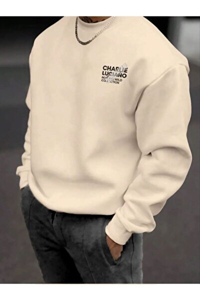 herkesemoda Charlie Print Detailed Crew Neck Sweatshirt Beige