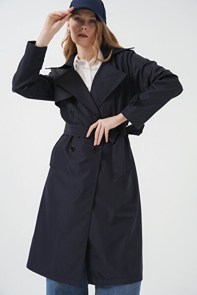 Gülşah collection Double Breasted Collar Trench Coat - Navy Blue
