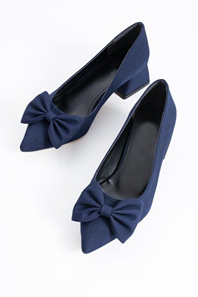 Moda Pie Floret Bow Low Heel Women's Shoes Navy Blue Satin