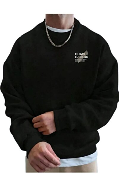 herkesemoda سويت شيرت بياقة دائرية بطباعة تشارلي باللون الأسود