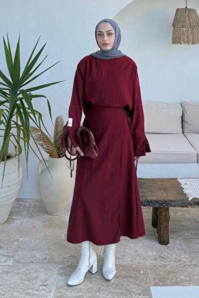 lamelif Suit with Tie-Up Skirt Detail Burgundy