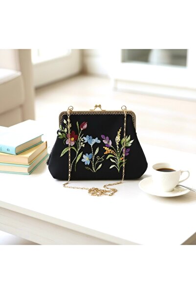 Home Black Linen Hand Embroidered Vintage Style Bag. Gold Color Chain Detailed. 100% Handmade 24X16 Size