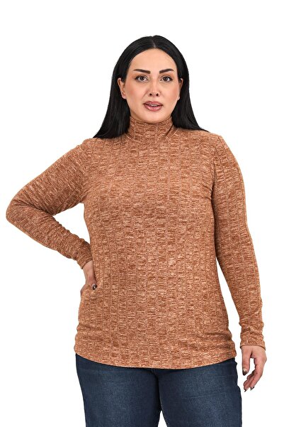 DISENTIS MODEST Plus Size Half Fisherman Long Sleeve Knitwear Striped Brown Bodysuit