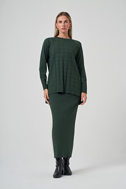 Nuss Houndstooth Pattern Mercerized Knitwear Suit with Pencil Skirt 1350 Tourmaline Green