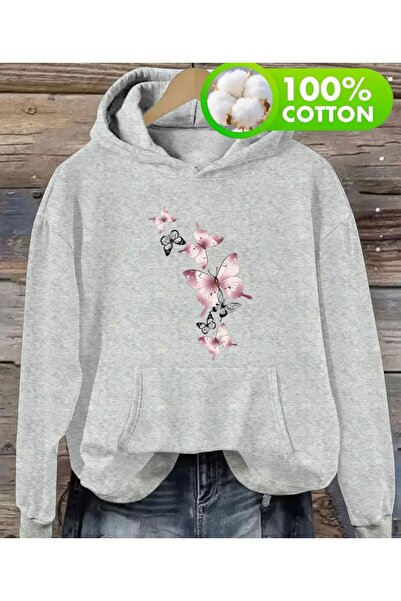 herkesemoda Flying Butterflies Print Detailed Hooded Sweatshirt Gray