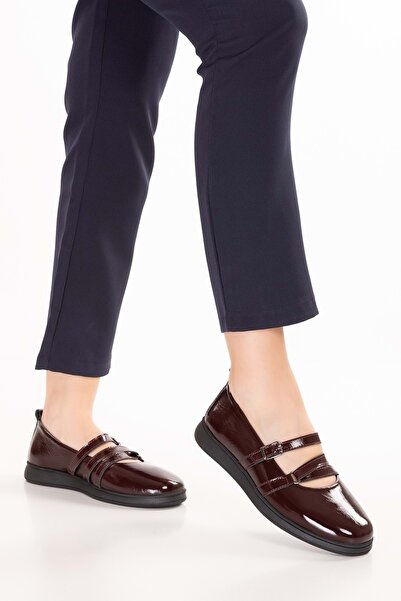 Gondol Women's Genuine Leather Comfortable Daily Ballet Flats Ndr.26300 Burgundy Patent Leather
