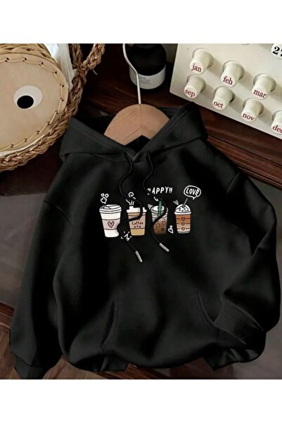 herkesemoda Coffe Print Detailed Hooded Sweatshirt Black