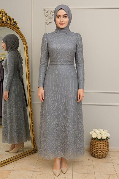 KADİR KORKMAZ GİYİM Hakim Yaka Astarlı Simli Dar Model Tesettür Abiye Elbise