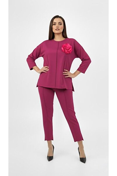 Koza Butik Women's Plus Size Three Quarter Sleeve Floral Detailed Two Thread Tracksuit Set 8224-26