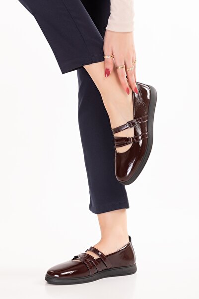 Gondol Women's Genuine Leather Comfortable Daily Ballet Flats Ndr.26300 Burgundy Patent Leather