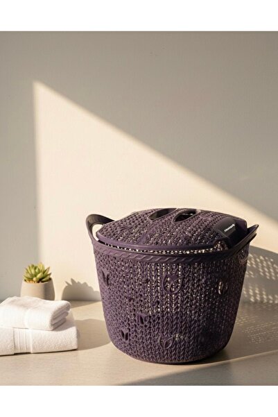 abnturk Örgü Desenli Koyu Mor Kapakli 12 Litre Meyve Sebze Sepeti Patates Sogan Cok Amacli Hasir Örgü Kova