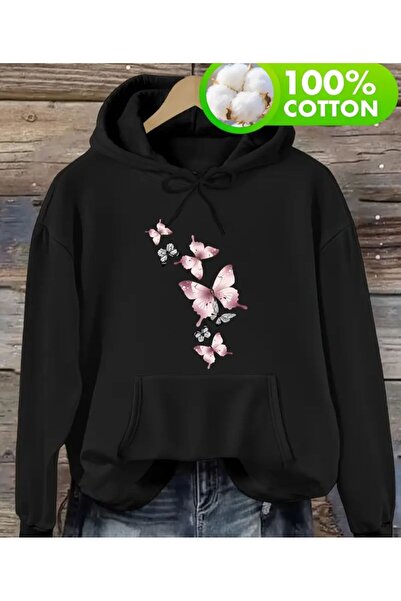 herkesemoda cu glugă Hanorac cu imprimeu Flying Butterflies, negru