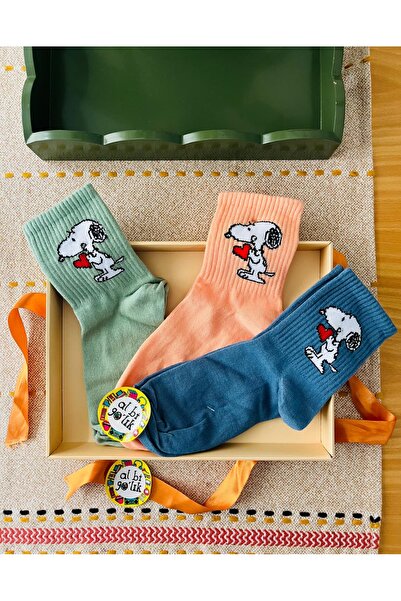 AL Bİ 90LIK 3-Pack of Snoopy Cartoon Patterned Fun College Socks