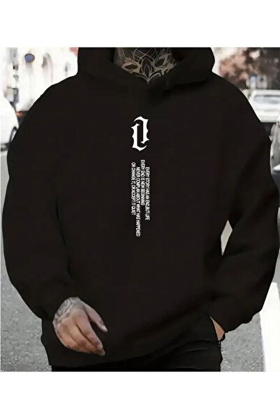 herkesemoda بغطاء رأس سويت شيرت أسود مع تفاصيل طباعة نصية عمودية